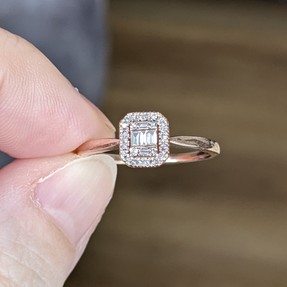 10K Rose Gold Round And Baguette Cut Diamond Cluster Ring - Picture 3 of 12